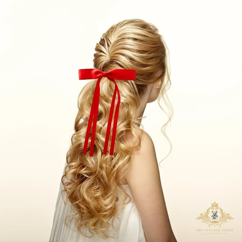 NWT Pretty Girls Long Hair Bows Satin Ribbon Clip on Kids Hair Accessory Red